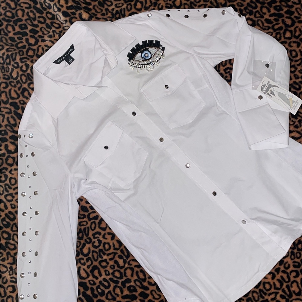 White Textured Button Down Shirt with Studded Embellishments